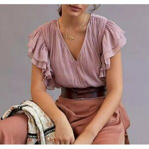 Anthropologie Forever That Girl Lilac Ruffle Chiffon Crop Top Blouse Medium NWT